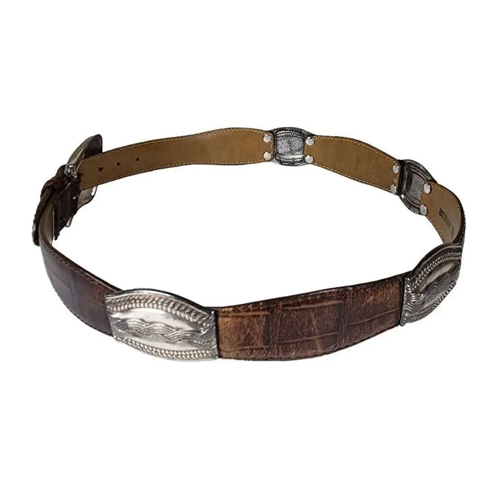 VINTAGE Fossil Etched Silver Hardware Tan Leather Belt M